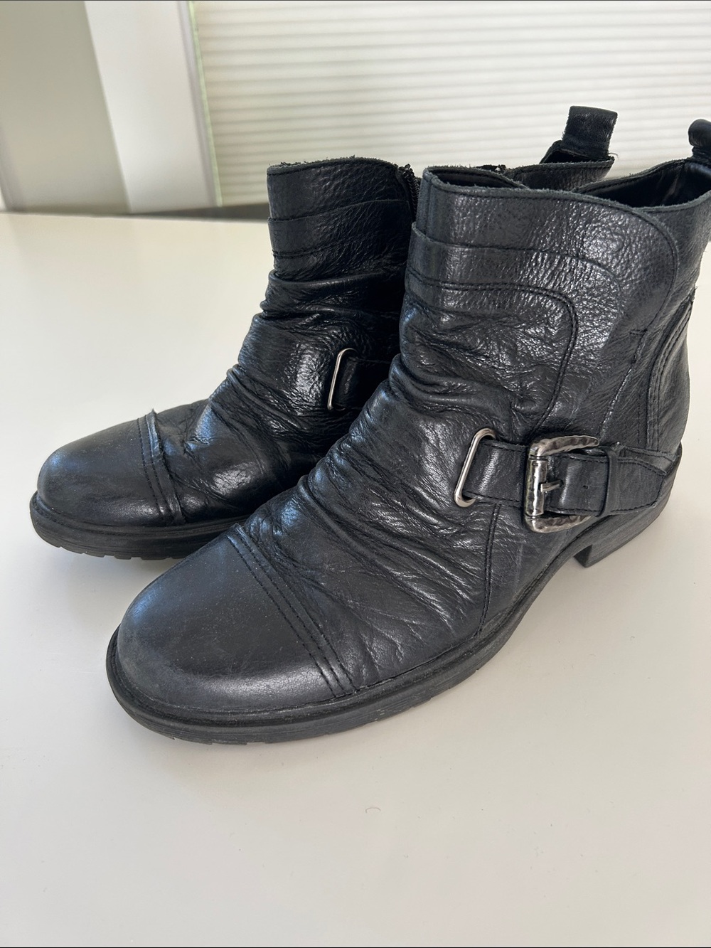 Earth Black Leather Buckle Moto Ankle Boots